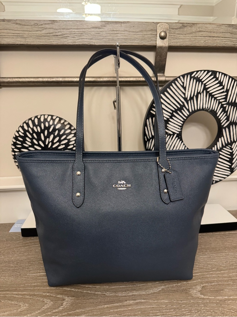 Coach Navy Saffiano Leather City Tote with Silver Hardware